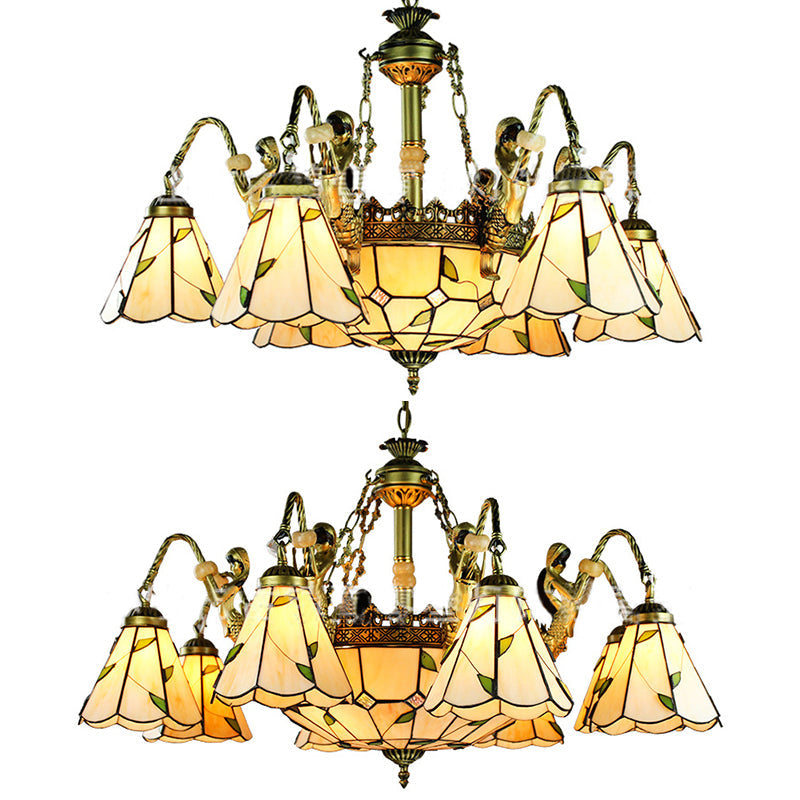 Beige Tiffany Cut Glass Pendant Chandelier - 9/11 Lights, Conical Hanging Light with Mermaid Deco
