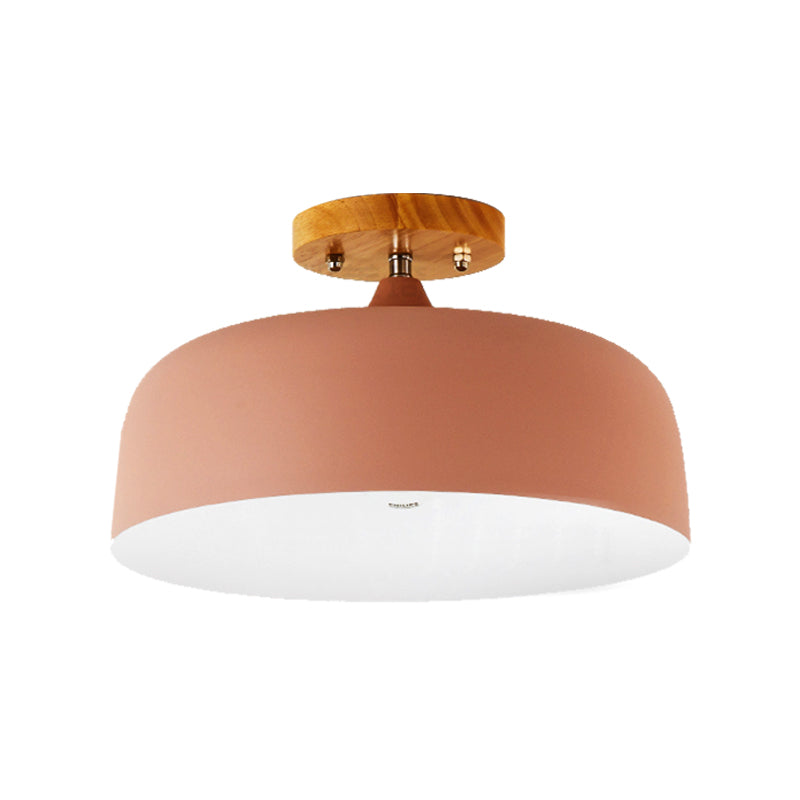 Semi-Flushmount Ceiling Light: 1-Light Gray W/ White Pink & Green Drum Lampshade - Simple Stylish