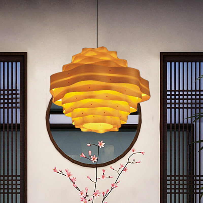 Dining Room Pendant Lamp: Asia Beige Hanging Light With Tiered Wood Shade