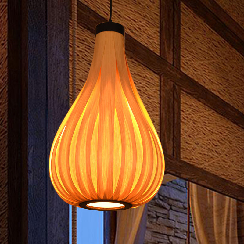 Asian Gourd Wood Ceiling Light: 1-Bulb Beige Pendant Lighting Fixture For Restaurants