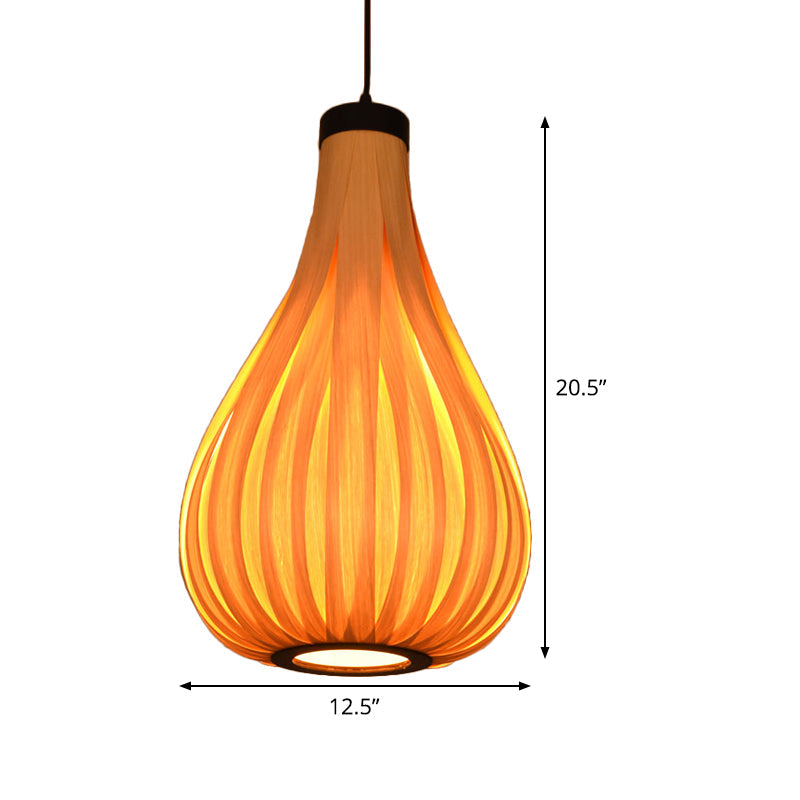 Asian Gourd Wood Ceiling Light: 1-Bulb Beige Pendant Lighting Fixture For Restaurants