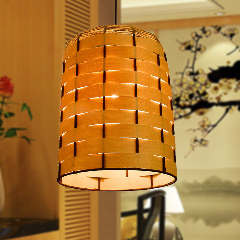 Chinese Wood Cylinder Hanging Ceiling Light 1 Head Beige Down Lighting 10/12 Wide