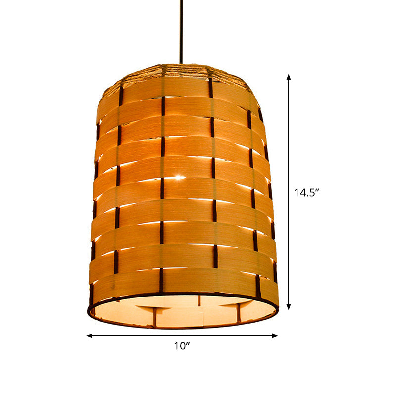 Chinese Wood Cylinder Hanging Ceiling Light 1 Head Beige Down Lighting 10/12 Wide