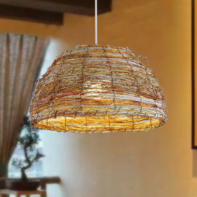 Chinese Rattan Dome Hanging Lamp - Flaxen 1-Head Pendant Light Fixture For Teahouse