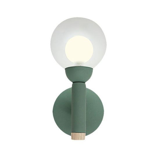 Modern Macaron Style Torch Wall Sconce With Clear Glass Shade - 1 Light Mini In Green/Grey/White