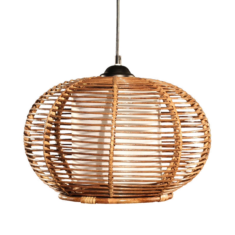 Coffee Pumpkin Rattan Hanging Lamp With Asian Influence 1 Head Ceiling Pendant Light And Tube-Styled