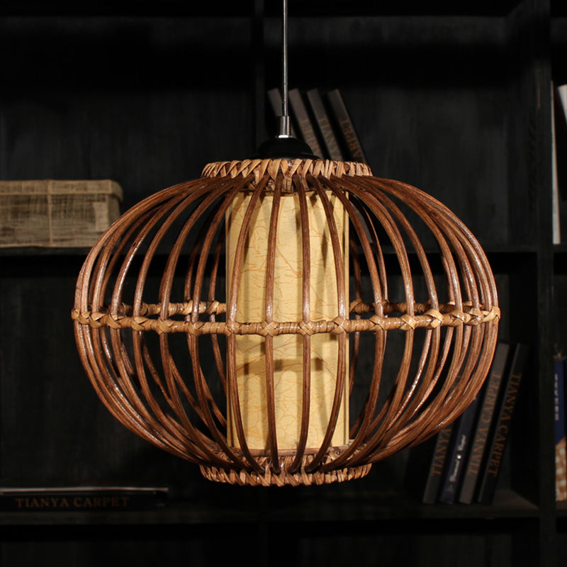 Bamboo Lantern Ceiling Light: Asian-Style Brown Pendant With Inner Cylinder Parchment Shade