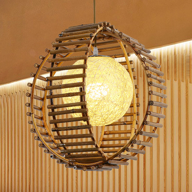 Bamboo Sphere Pendant Light - Asian Style Khaki Ideal For Bedroom Lighting