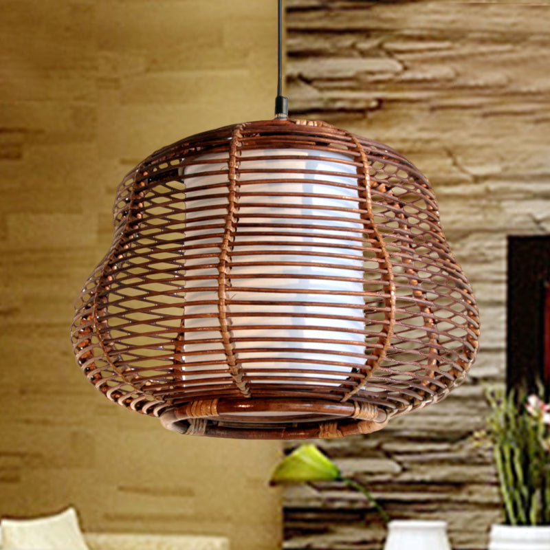Brown Gourd Pendant Lamp - Asian Inspired Bamboo Hanging Ceiling Light With White Tubular Shade