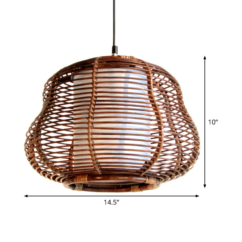 Brown Gourd Pendant Lamp - Asian Inspired Bamboo Hanging Ceiling Light With White Tubular Shade