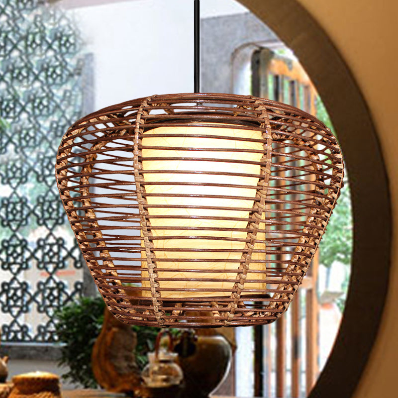 Asian Bamboo Urn Ceiling Lamp With Bulb: Brown Pendant Light Fixture And Cylinder Parchment Shade