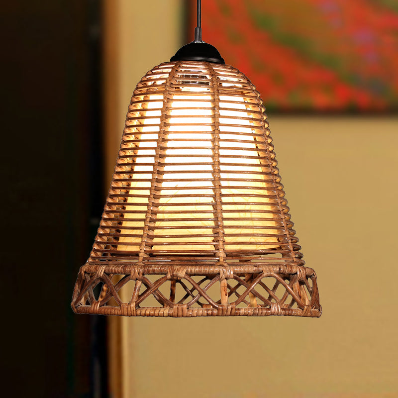 Japanese Bamboo Trumpet Pendant Lamp In Khaki - 1 Bulb Ceiling Suspension Lighting