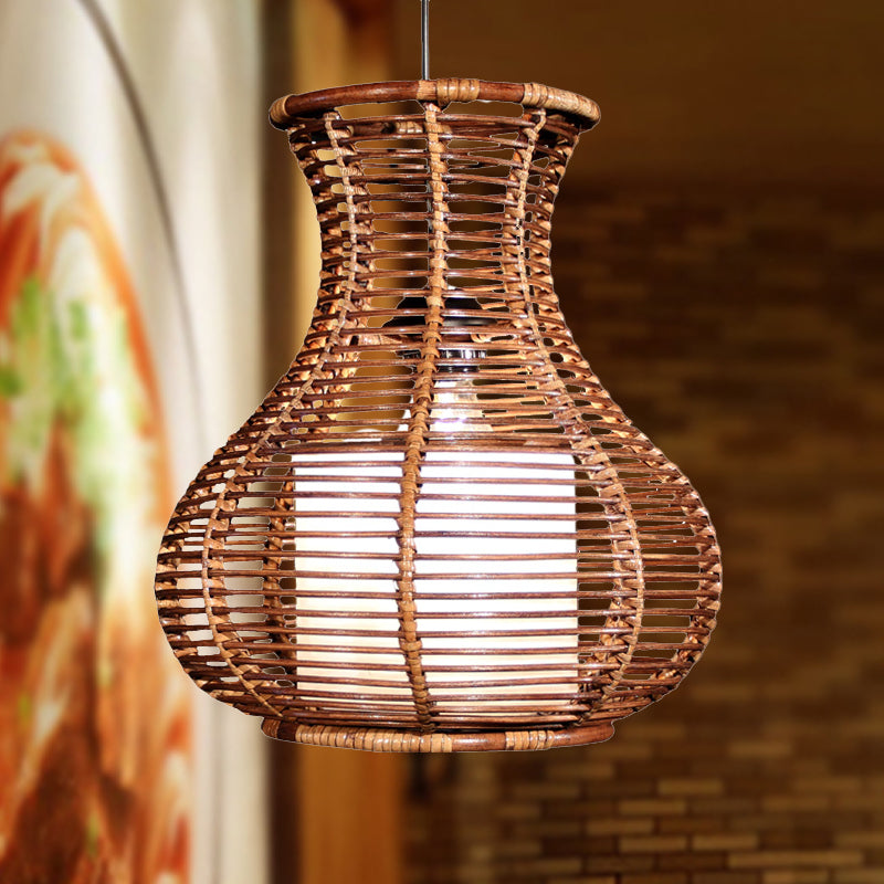 Gourd Hanging Light: Chinese Bamboo Pendant Fixture (1 Head Brown) - Ideal For Living Room Brown
