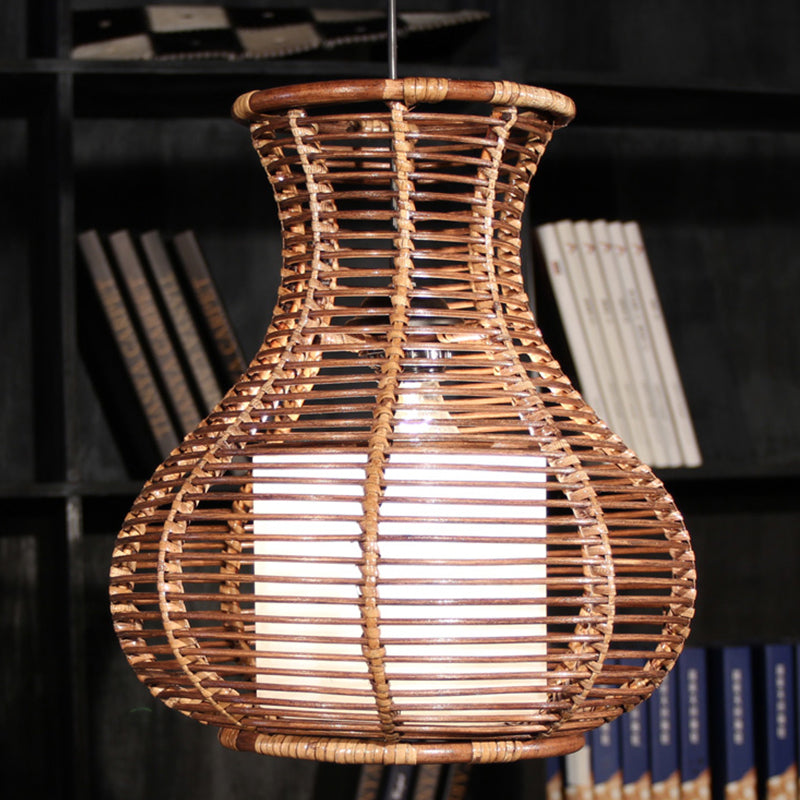 Gourd Hanging Light: Chinese Bamboo Pendant Fixture (1 Head Brown) - Ideal For Living Room