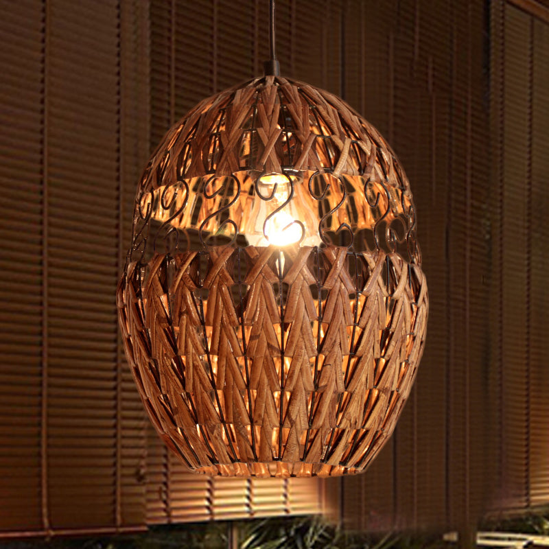 Bamboo Japanese Pendant Light In Brown - Laser Cut 1 Head Ceiling Suspension Lamp