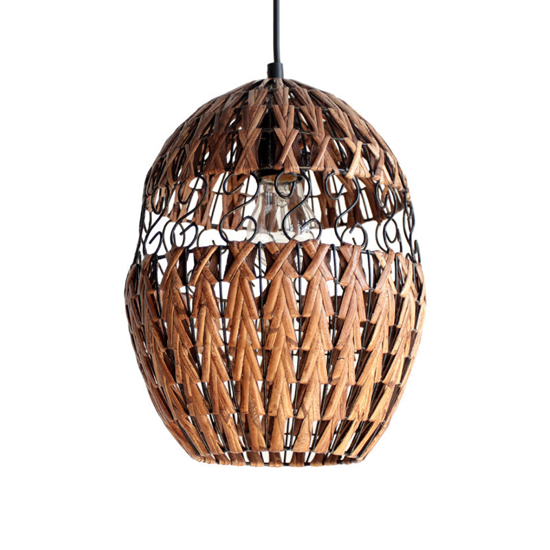 Bamboo Japanese Pendant Light In Brown - Laser Cut 1 Head Ceiling Suspension Lamp