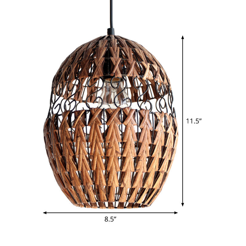 Bamboo Japanese Pendant Light In Brown - Laser Cut 1 Head Ceiling Suspension Lamp