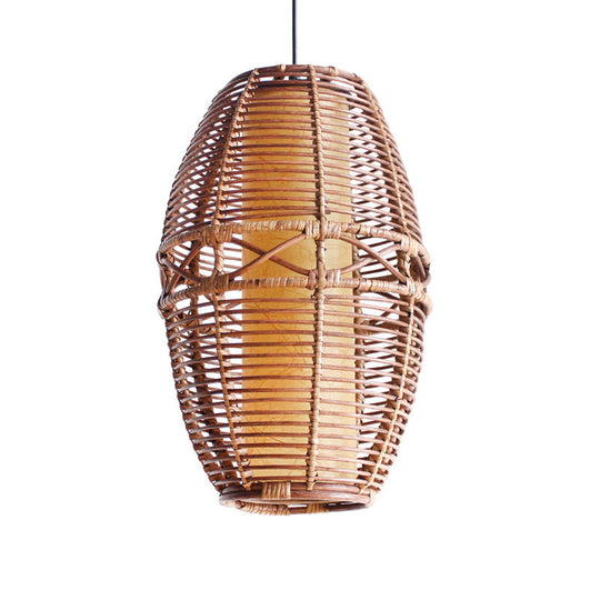 Asia Bamboo Pendant Lamp - Brown Lantern With Parchment Inner Tube Shade