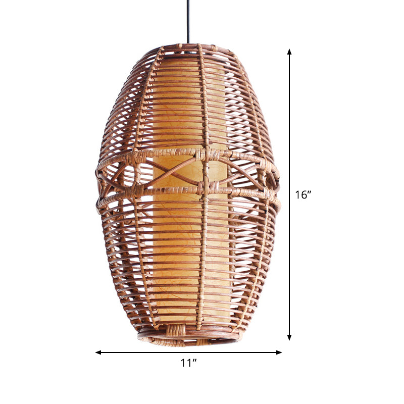 Asia Bamboo Pendant Lamp - Brown Lantern With Parchment Inner Tube Shade