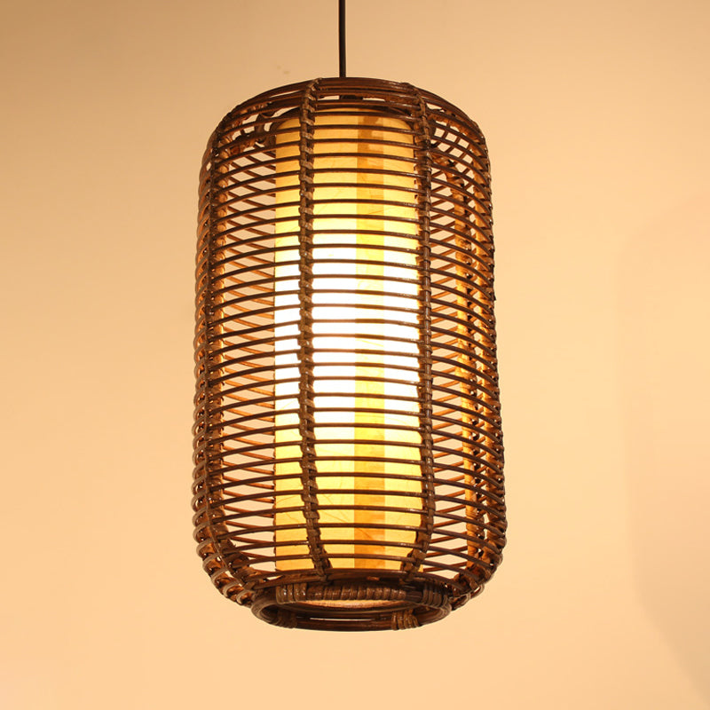 Japanese Bamboo Pendant Light - Cylindrical 1-Head Brown Suspended Lighting Fixture