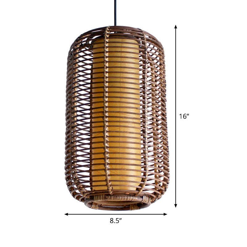 Japanese Bamboo Pendant Light - Cylindrical 1-Head Brown Suspended Lighting Fixture