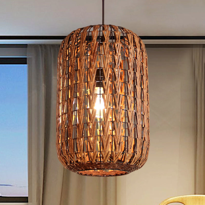 Asian Brown Pendant Light With Rattan Barrel Shade For Restaurants