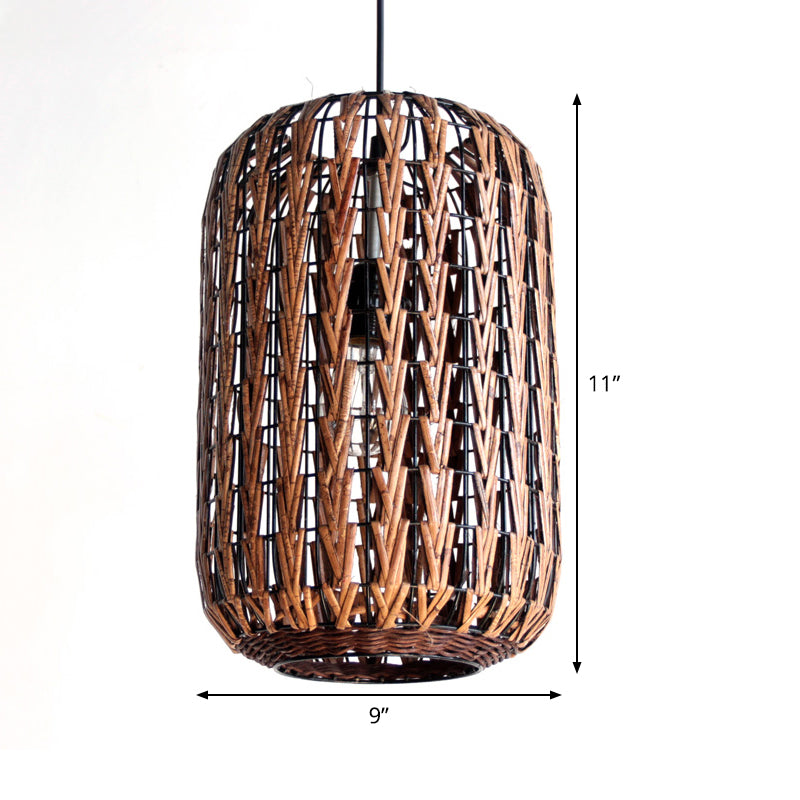 Asian Brown Pendant Light With Rattan Barrel Shade For Restaurants