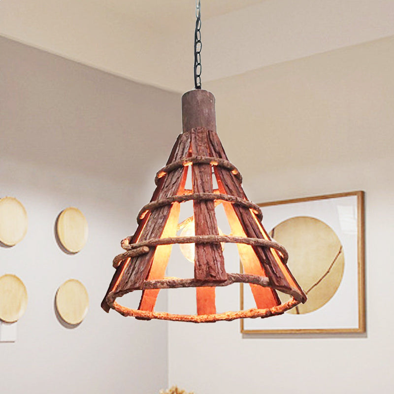Adjustable Asian Wood Down Lighting Ceiling Light With Red-Brown Finish - 1 Bulb Hanging Chain