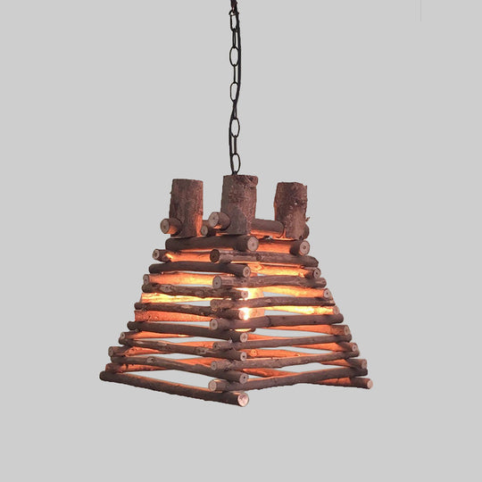 Chinese Wood Shade Hanging Light Fixture In Red-Brown Trapezoid Design