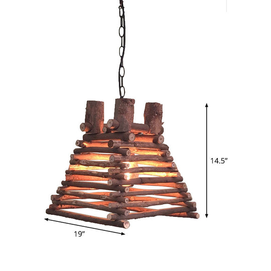 Chinese Wood Shade Hanging Light Fixture In Red-Brown Trapezoid Design
