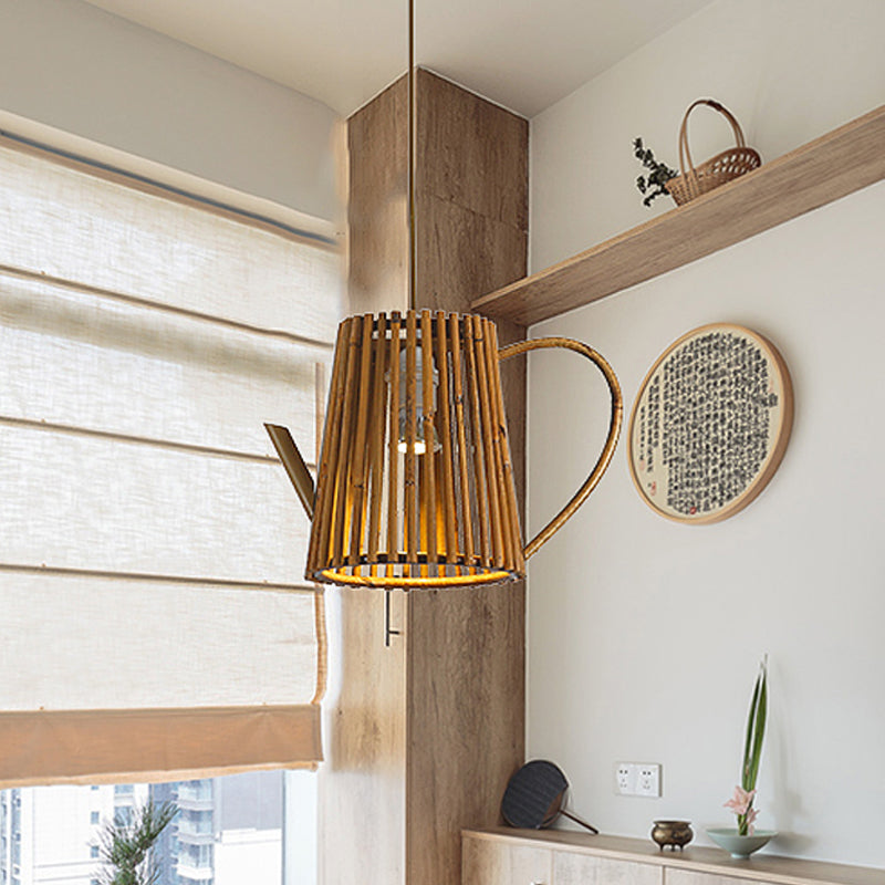Asia 1-Head Bamboo Teapot Ceiling Lamp: Khaki Hanging Light Fixture For Living Room
