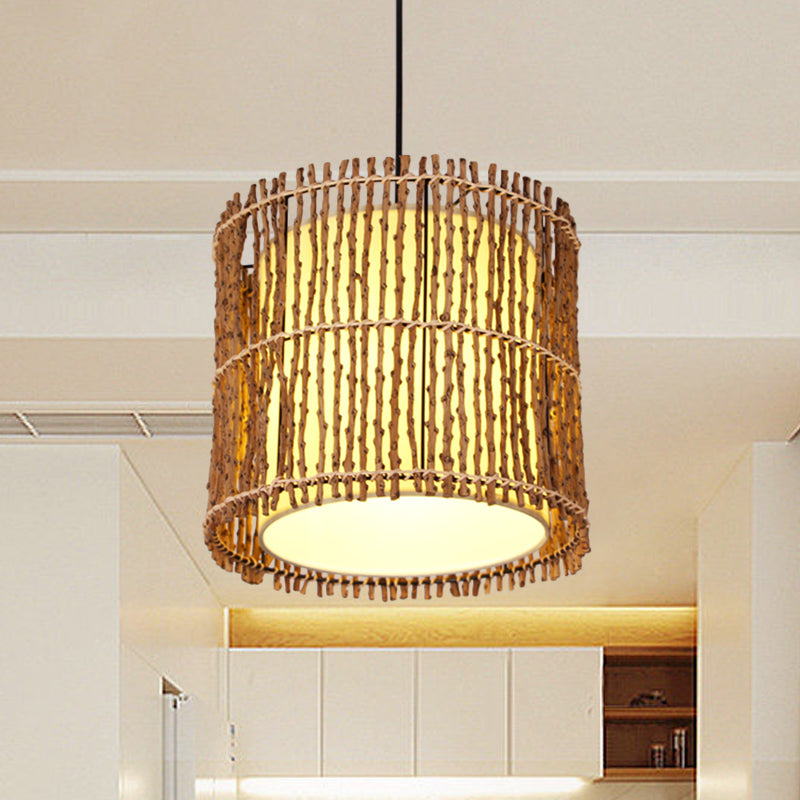 Rattan Cylinder Ceiling Light With Khaki Shade - Asian Pendant Lighting Fixture