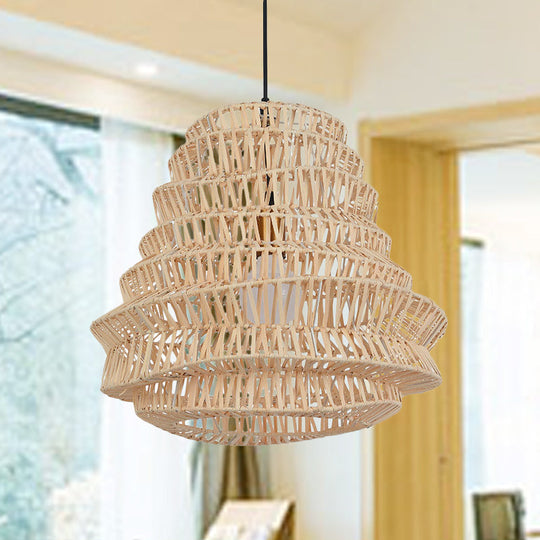 Laser-Cut Bamboo Chinese Hanging Lamp 1-Head Beige Pendant Light Fixture - 12/18 Wide