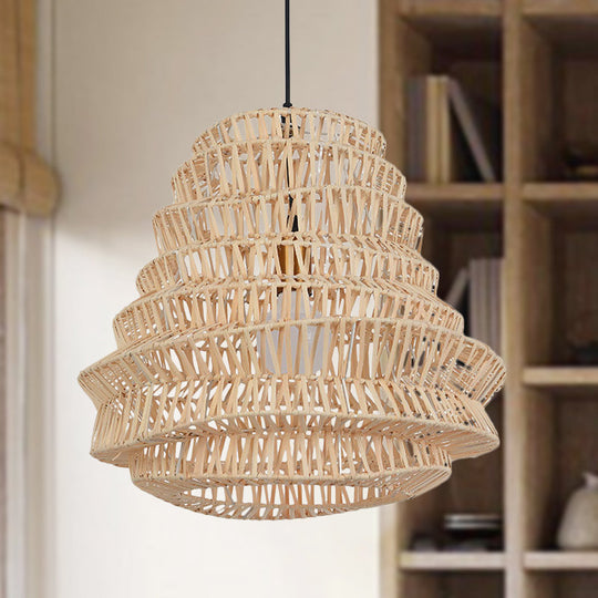 Laser-Cut Bamboo Chinese Hanging Lamp 1-Head Beige Pendant Light Fixture - 12/18 Wide