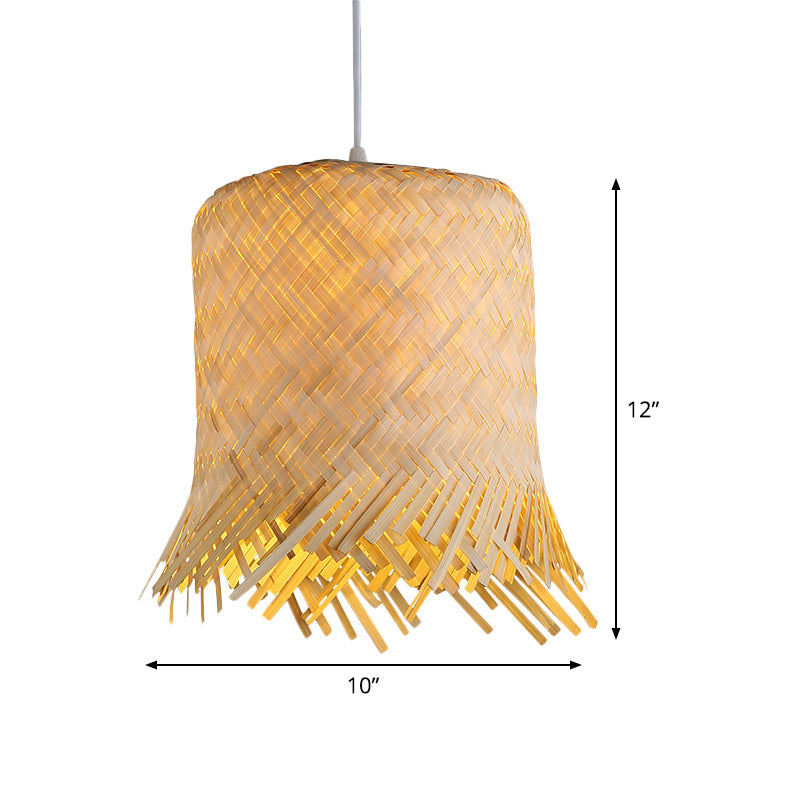 Japanese Bamboo Pendant Lamp - Hand Twisted 1 Head 8/10 Wide Beige Ceiling Hanging Light