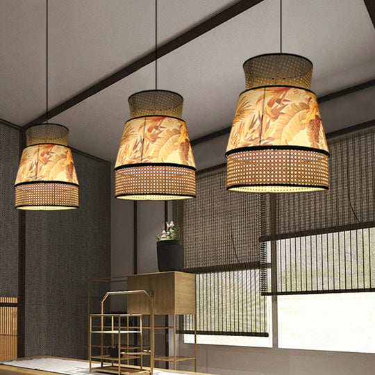 Beige Flared Hanging Pendant Light - Chinese 1 Head Ceiling Lamp With Rattan Shade