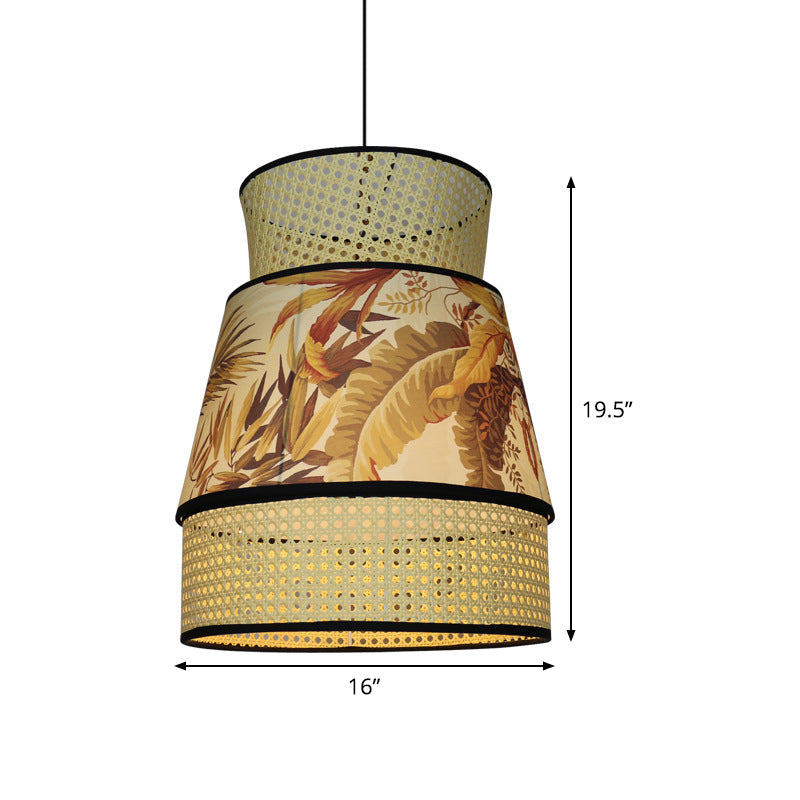 Beige Flared Hanging Pendant Light - Chinese 1 Head Ceiling Lamp With Rattan Shade
