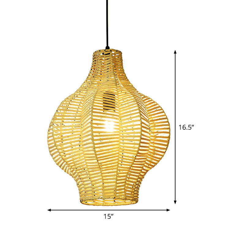Beige Asian Bamboo Lantern Pendant Ceiling Light For Tearoom