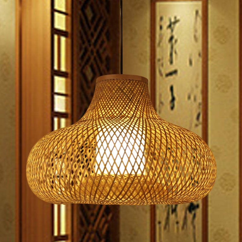 Bamboo Handwoven Japanese Pendant Lamp - 1 Head Ceiling Suspension Light In Flaxen