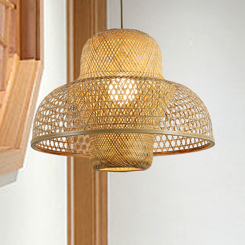 Handcrafted Asian Pendant Light: Flaxen Bamboo Shade 1 Head Hanging Fixture
