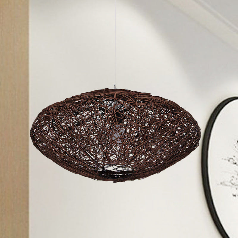 1-Head Asian Teahouse Hanging Light - Black/White Pendant Lighting Fixture With Rattan Lantern Shade