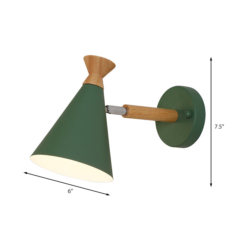 Nordic Style Metal Cone Shade Wall Light: 1-Light Rotatable Bedside Reading Lamp In Blue Green Grey