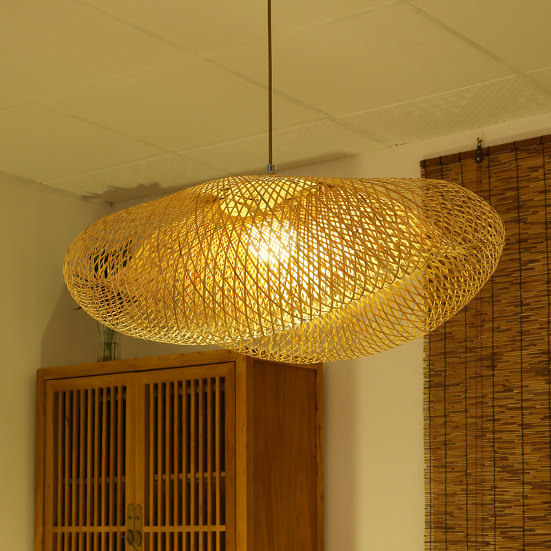 Asian Curved Pendant Light With Bamboo Shade - Flaxen Hanging Fixture 1 Bulb