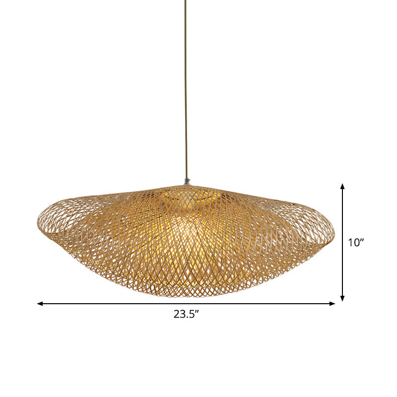 Asian Curved Pendant Light With Bamboo Shade - Flaxen Hanging Fixture 1 Bulb
