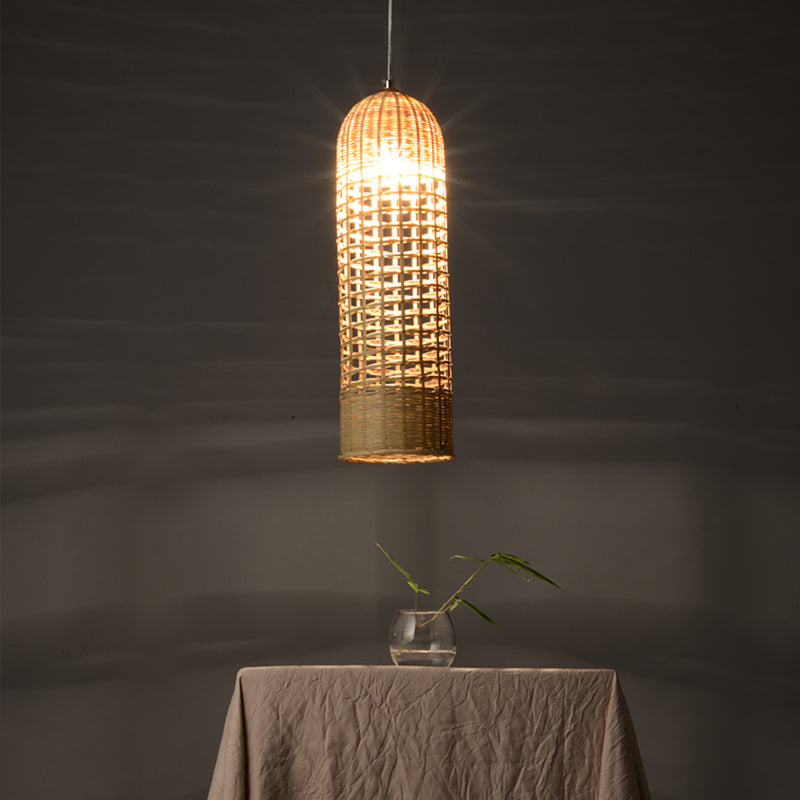 Beige Bamboo Asian Pendant Lamp - Cylinder Hanging Ceiling Light