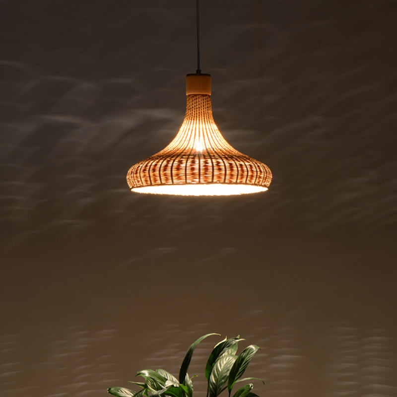 Japanese Bamboo Pendant Light: Handcrafted 1-Bulb Suspended Fixture In Flaxen