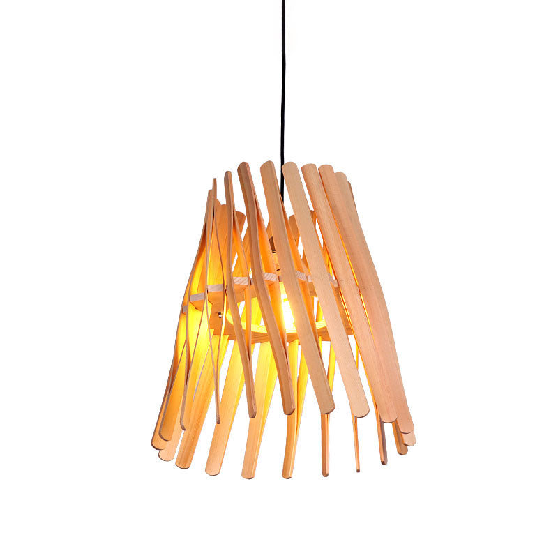 Asia Beige Hanging Bedroom Lamp With Conical Wood Shade - Pendant Ceiling Light