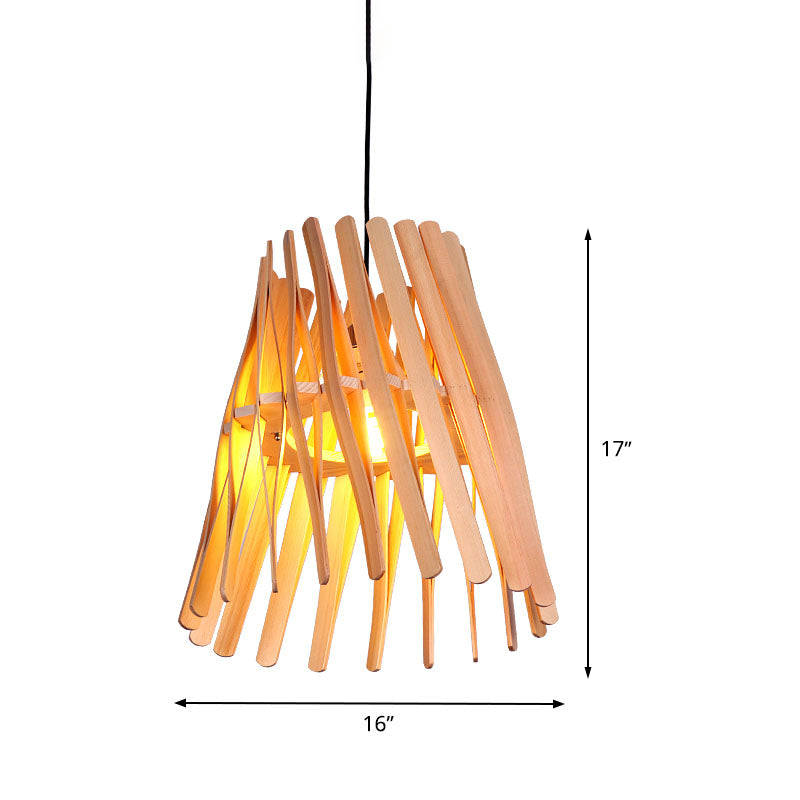 Asia Beige Hanging Bedroom Lamp With Conical Wood Shade - Pendant Ceiling Light