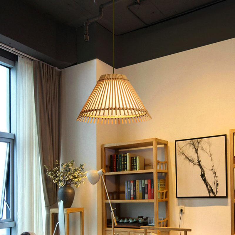 Asian Bamboo Pendant Lamp For Restaurants - Beige Trumpet Design 1-Head Suspended Lighting Fixture