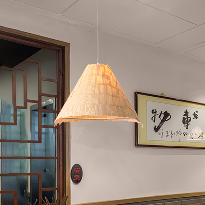 Japanese Wood Flare Pendant Ceiling Lamp - Wide 1 Head Suspension In Beige